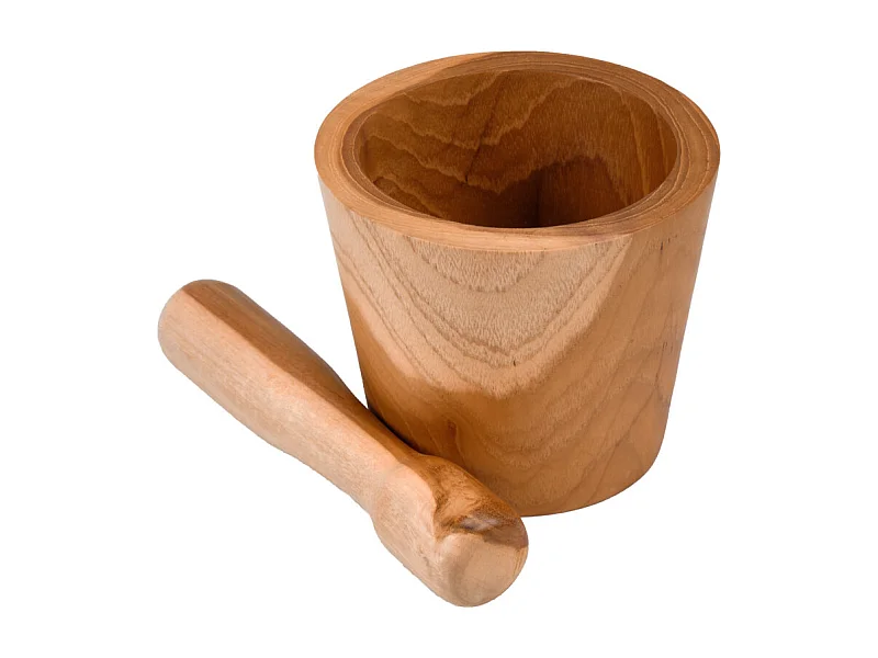 Mortier et pilon de cuisine rond allongé en bois de teck – KYOTO