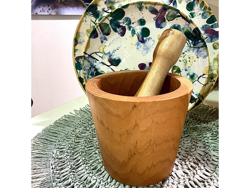 Mortier et pilon de cuisine rond allongé en bois de teck – KYOTO