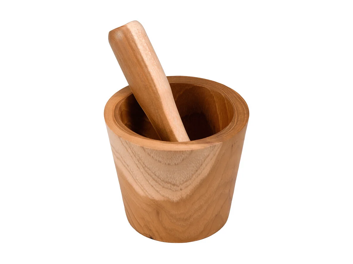 Mortier et pilon de cuisine rond allongé en bois de teck – KYOTO