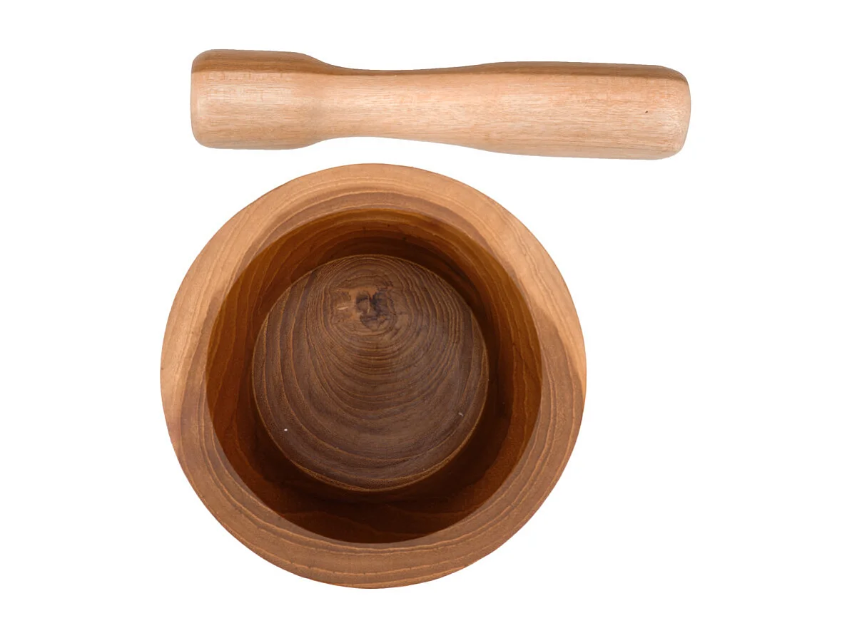 Mortier et pilon de cuisine rond allongé en bois de teck – KYOTO