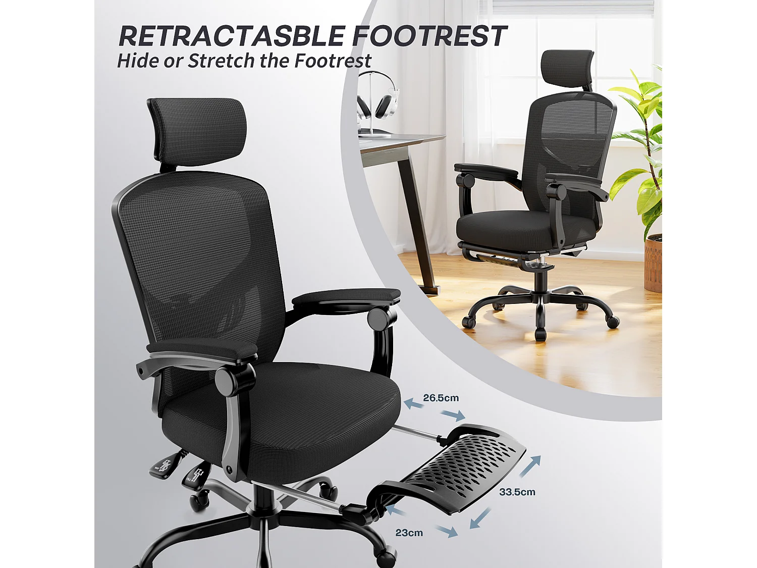 Cadeira de escritório ergonómica com apoio para os pés telescópico