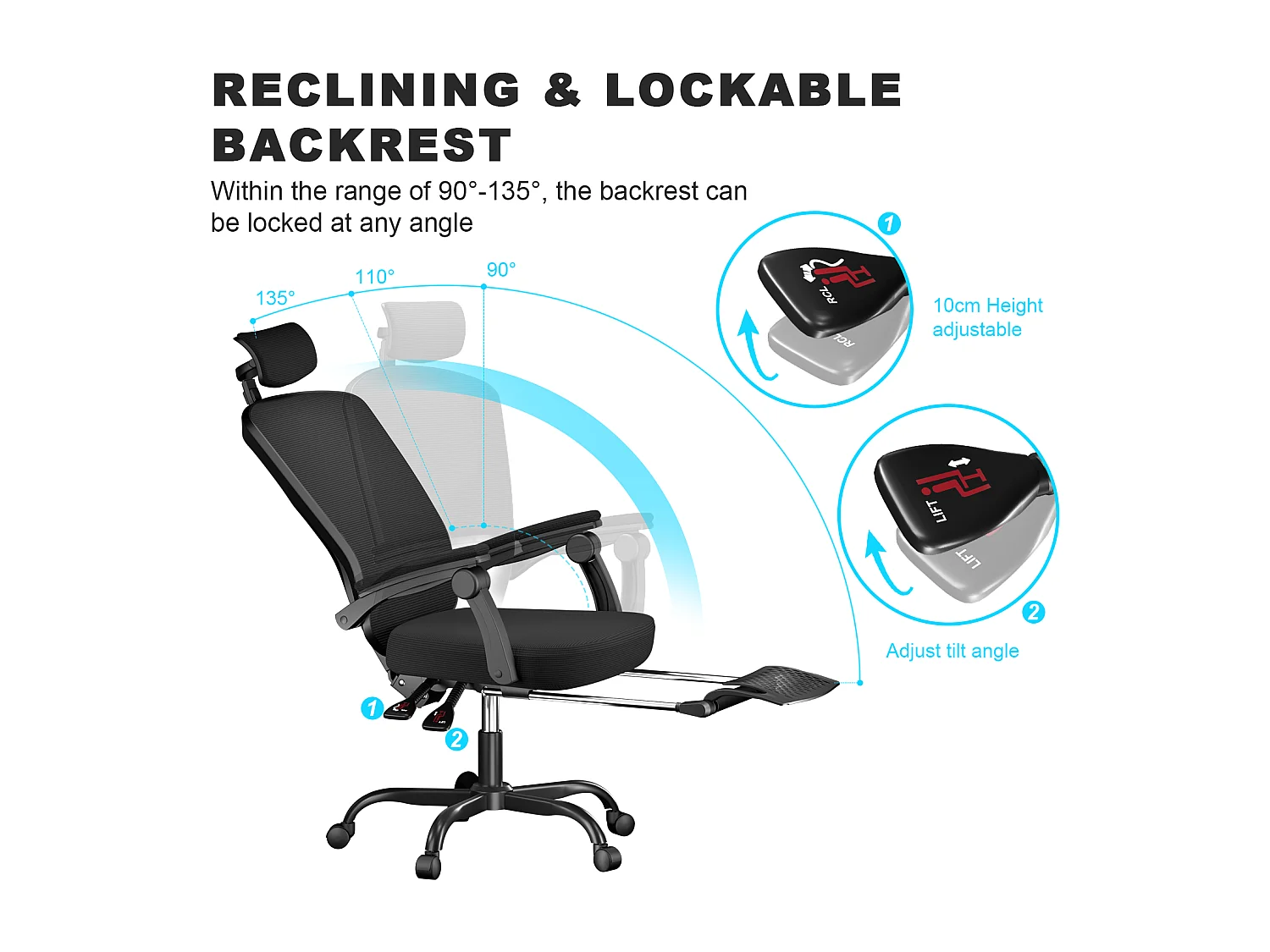 Cadeira de escritório ergonómica com apoio para os pés telescópico