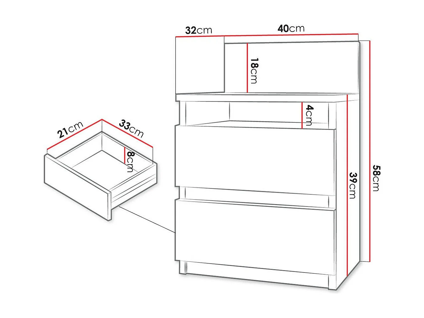 Mesa de cabeceira Comfivo 157, Número de gavetas: 2, 6x4x3cm