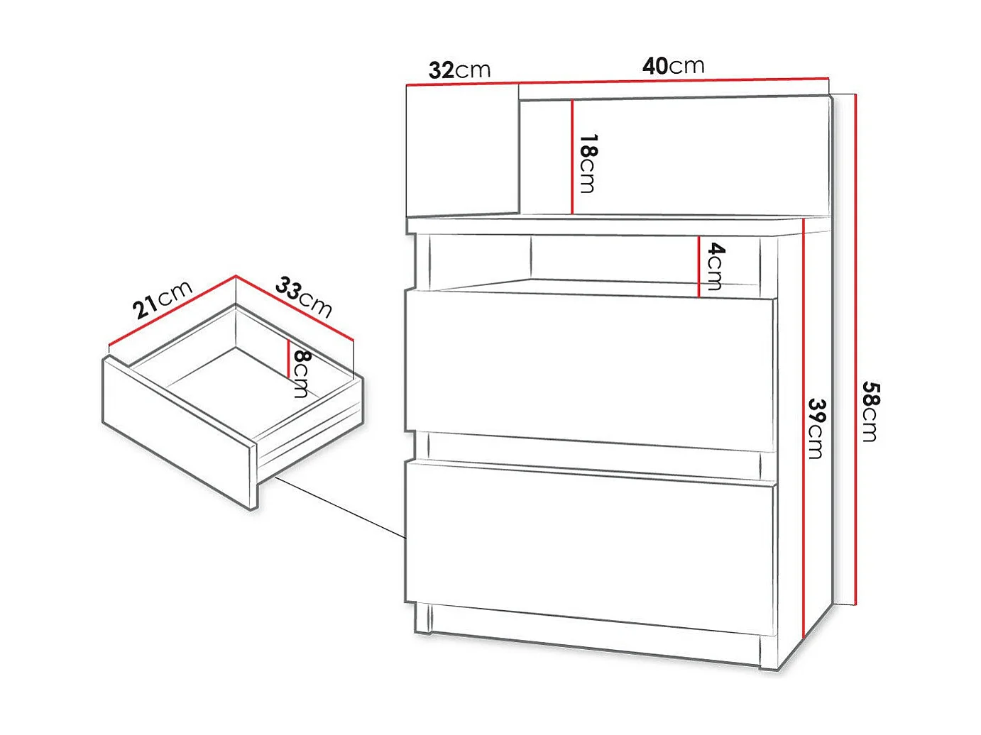 Mesa de cabeceira Comfivo 157, Número de gavetas: 2, 6x4x3cm