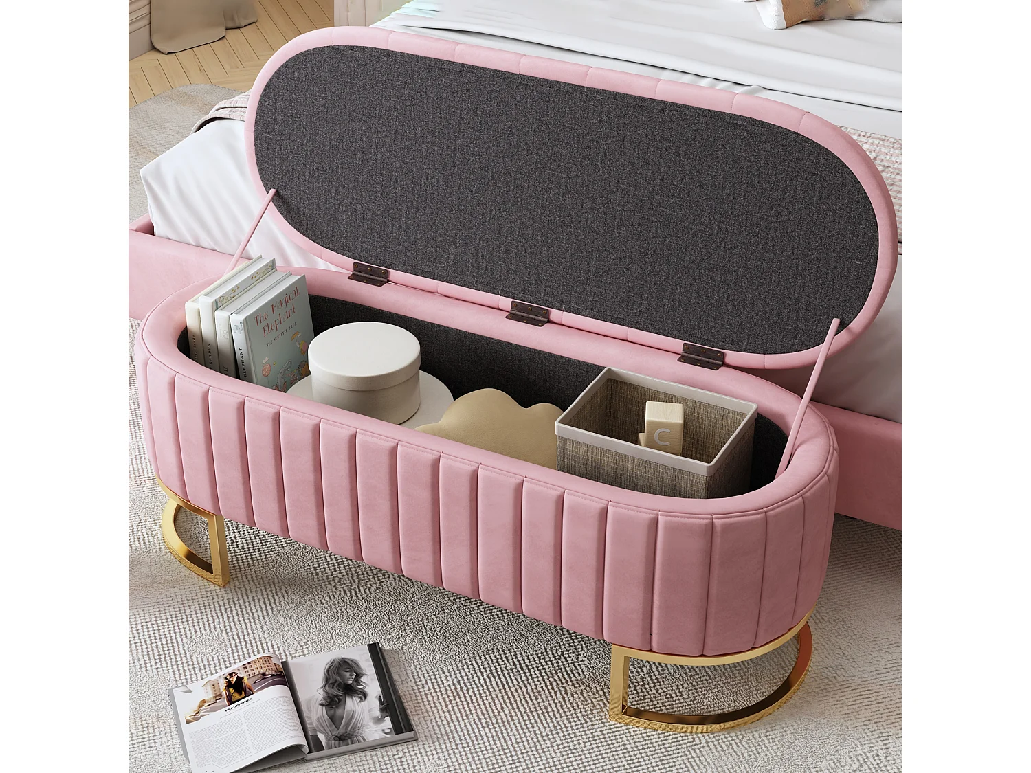 Banc de rangement rembourré en velours - style moderne - Rose