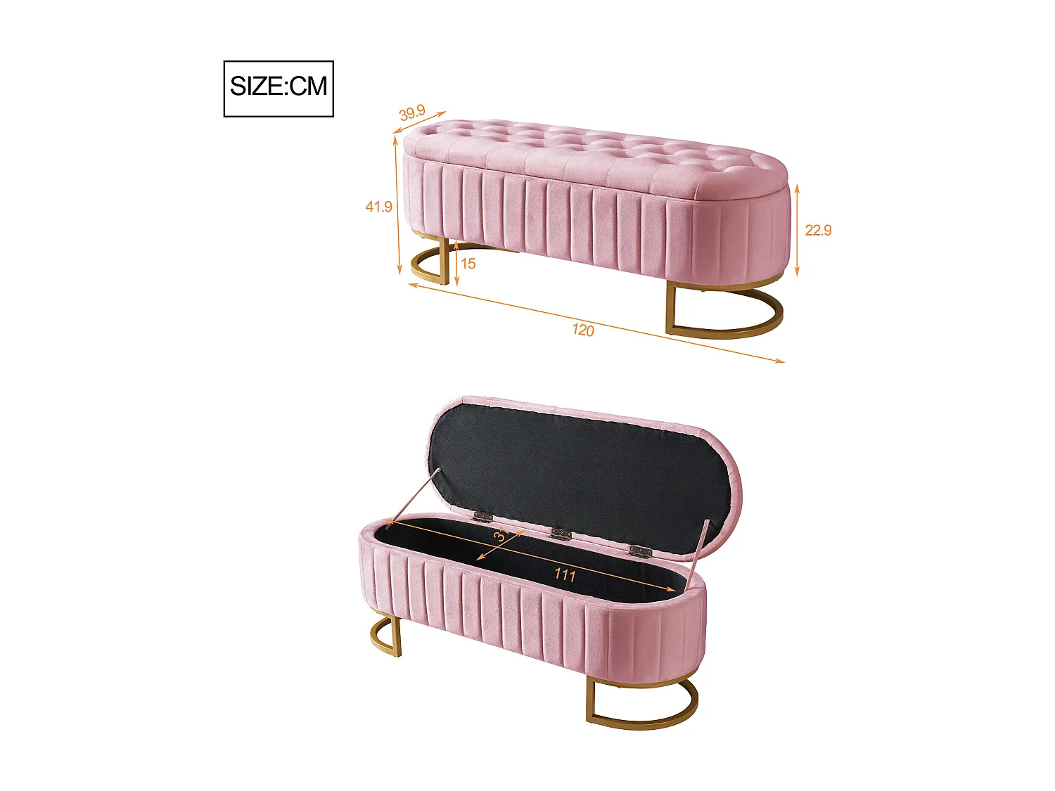 Banco de almacenaje tapizado en terciopelo - Estilo moderno - Rosa