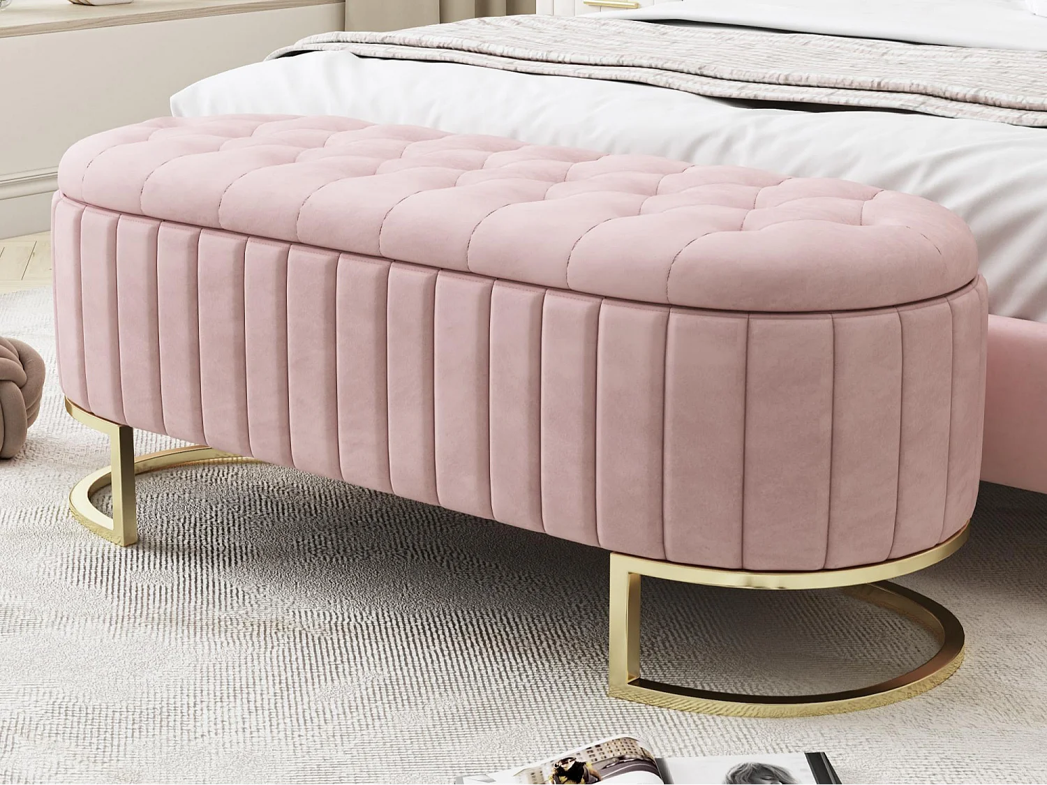 Banc de rangement rembourré en velours - style moderne - Rose