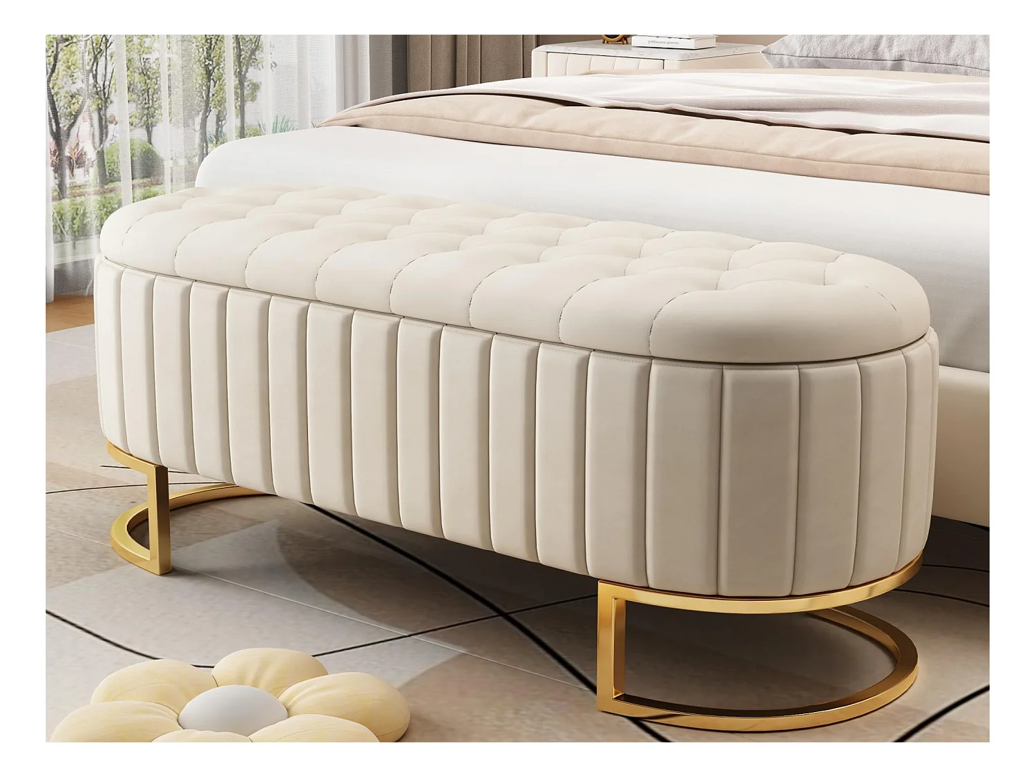 Banc de rangement rembourré en velours - style moderne - Beige