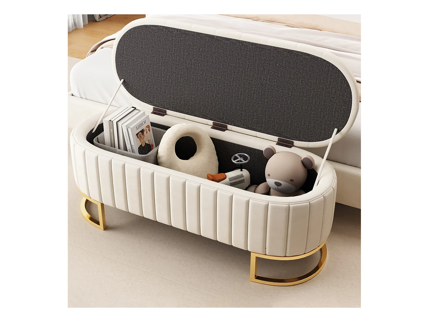 Banc de rangement rembourré en velours - style moderne - Beige