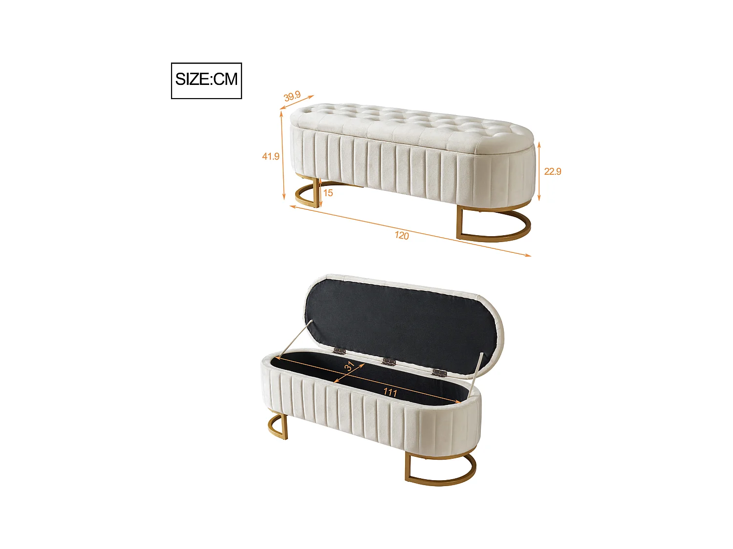 Banc de rangement rembourré en velours - style moderne - Beige