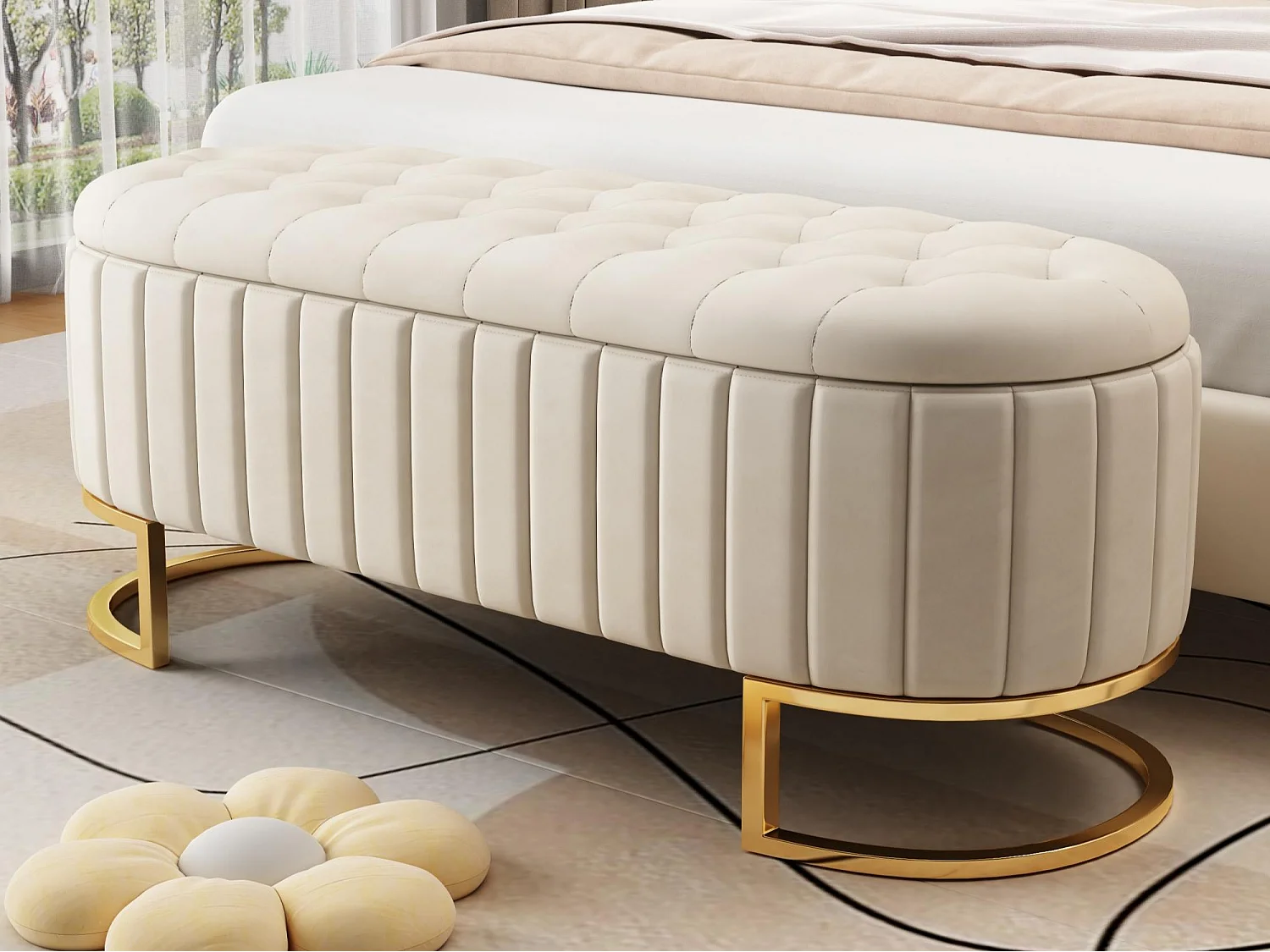 Banc de rangement rembourré en velours - style moderne - Beige