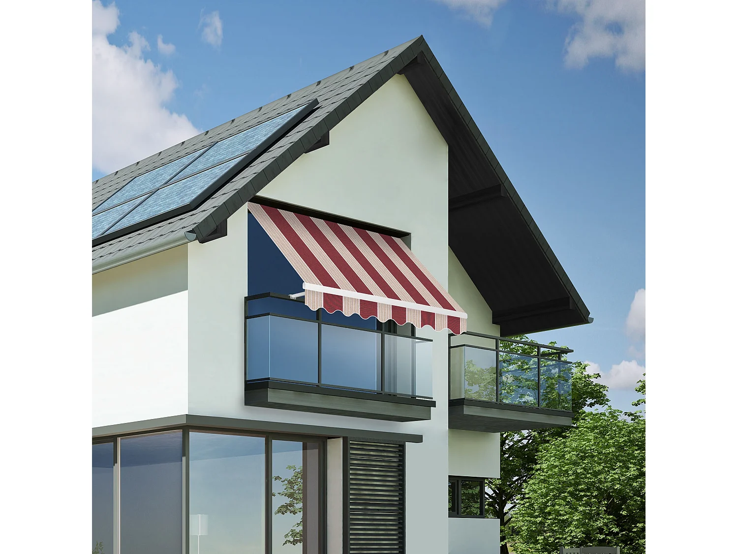 Wasabi - Toldo Exterior Balcón Enrollable 250x200cm Rayas Granate – Lona Poliéster - Soporte Pared – Anclaje Barandilla