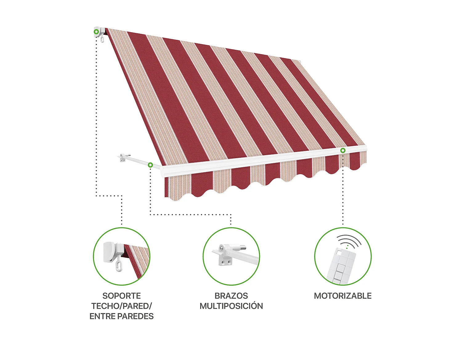 Wasabi - Toldo Exterior Balcón Enrollable 250x200cm Rayas Granate – Lona Poliéster - Soporte Pared – Anclaje Barandilla