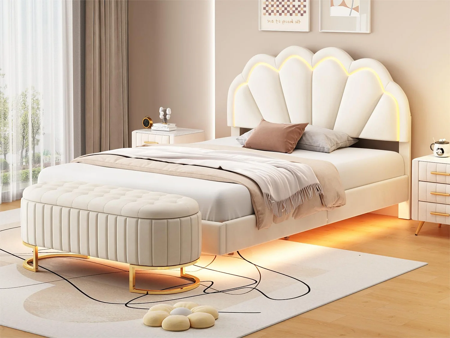 Lit rembourré en velours avec LED - 140x200cm - avec un banc de rangement - Beige