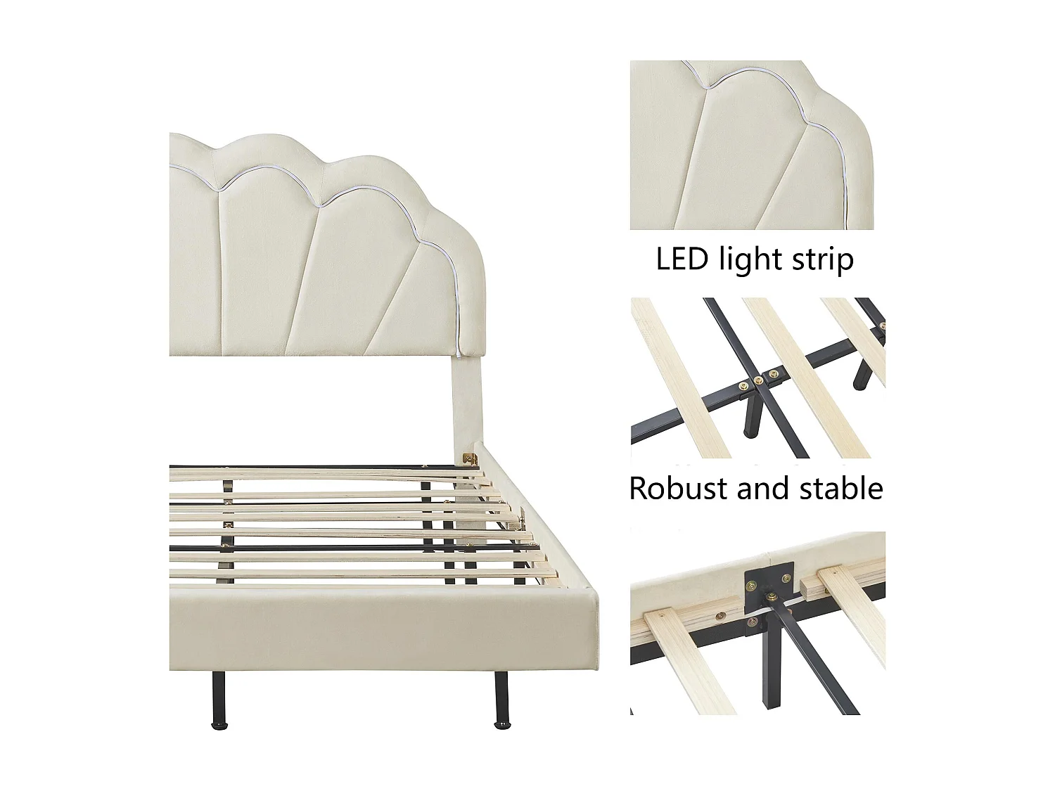 Lit rembourré en velours avec LED - 140x200cm - avec un banc de rangement - Beige