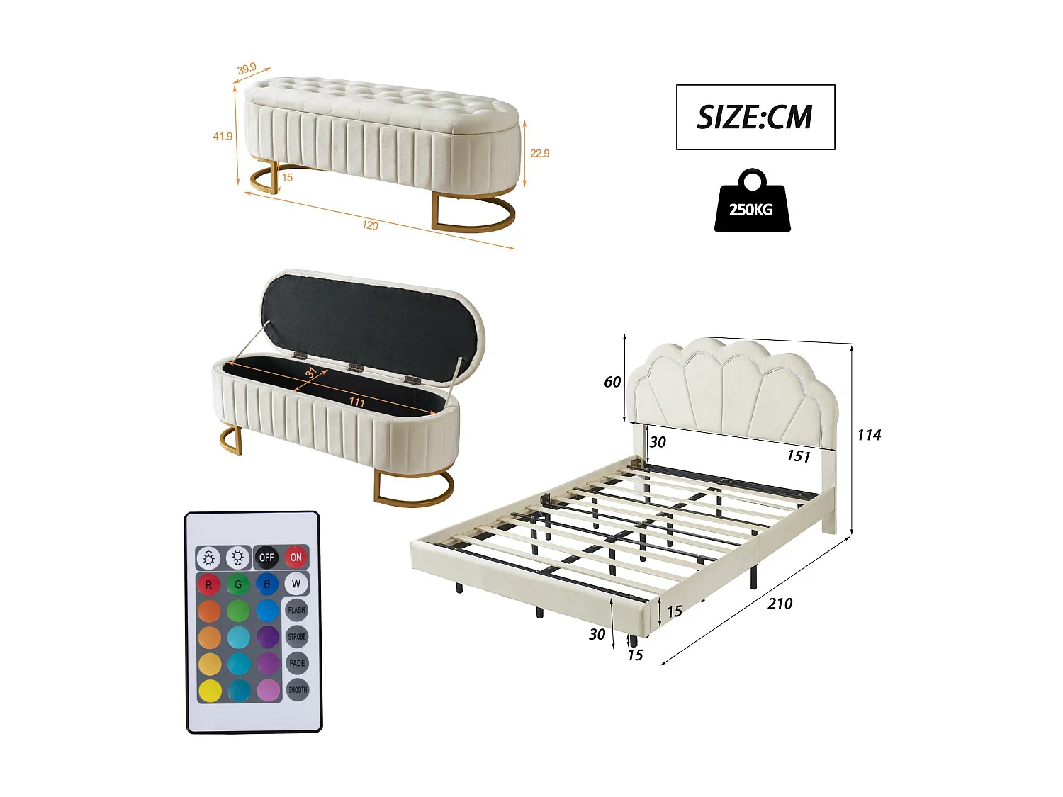 Lit rembourré en velours avec LED - 140x200cm - avec un banc de rangement - Beige