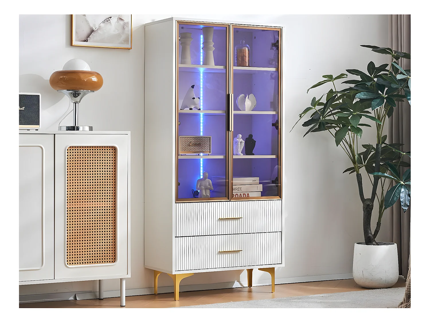 Vitrine moderne avec lumières LED et étagères amovibles - H 150 cm - 2 portes en verre et 2 tiroirs - Blanc