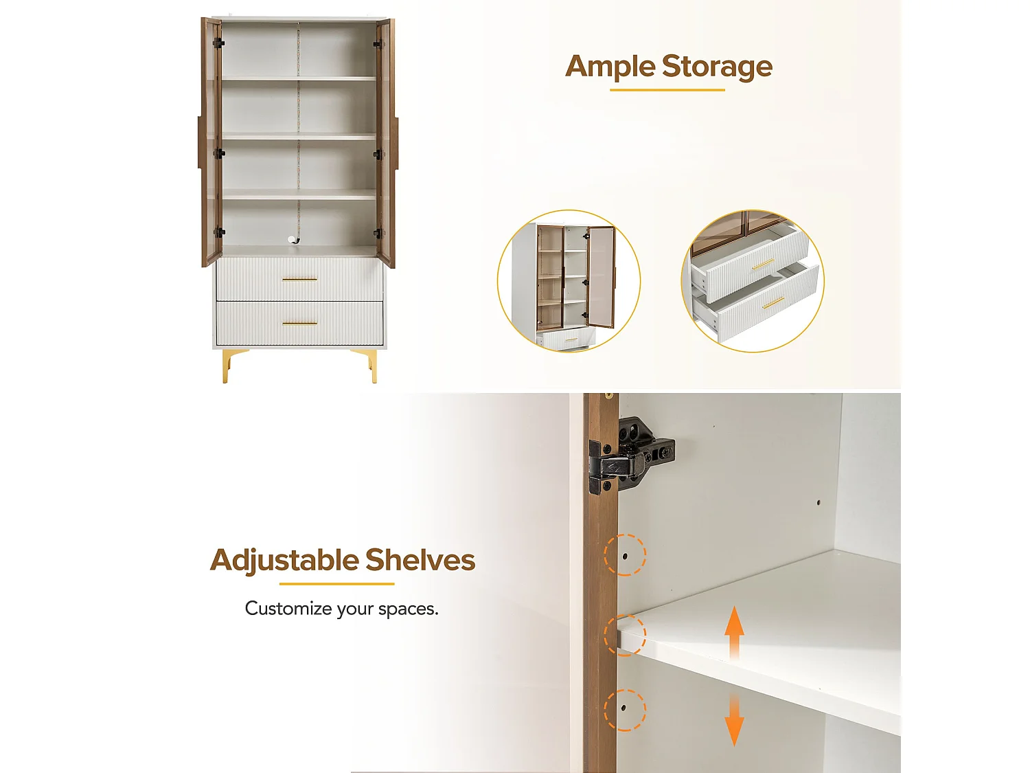 Moderne vitrinekast met LED-verlichting en verwijderbare planken - H 150 cm - 2 glazen deuren en 2 laden - Wit