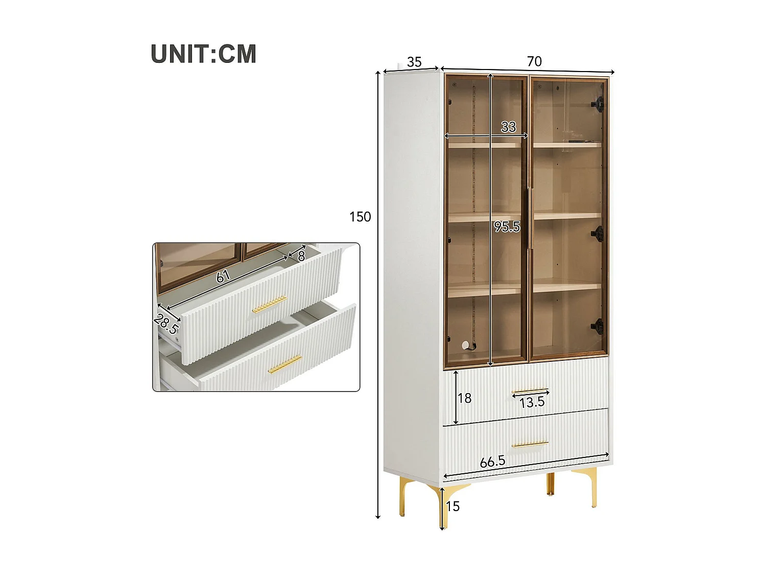 Moderne vitrinekast met LED-verlichting en verwijderbare planken - H 150 cm - 2 glazen deuren en 2 laden - Wit