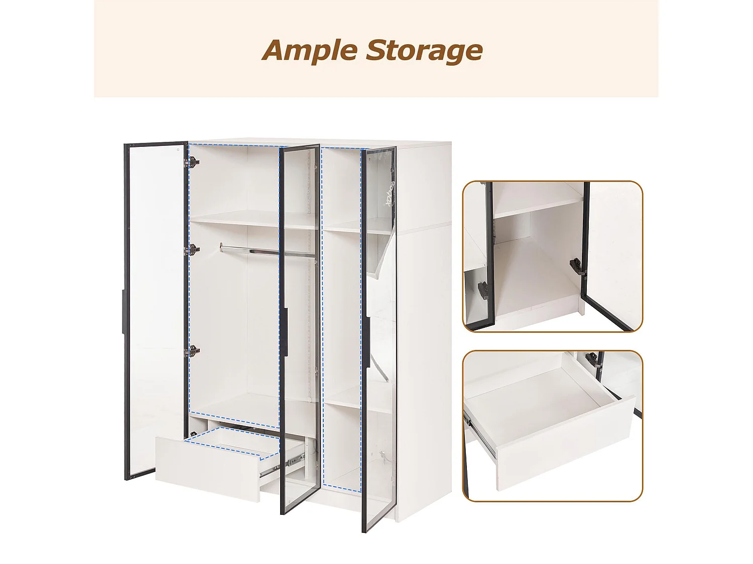 Vitrine H 160 cm met LED-licht - 3 glazen deuren en 1 lade - Wit