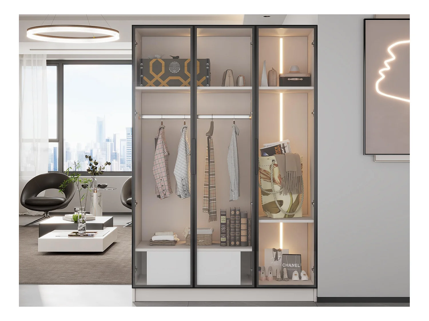 Vitrine H 160 cm avec lumière LED - 3 portes vitrées et 1 tiroir - Blanc