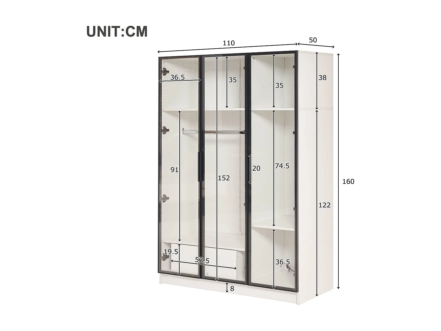 Vitrine H 160 cm avec lumière LED - 3 portes vitrées et 1 tiroir - Blanc