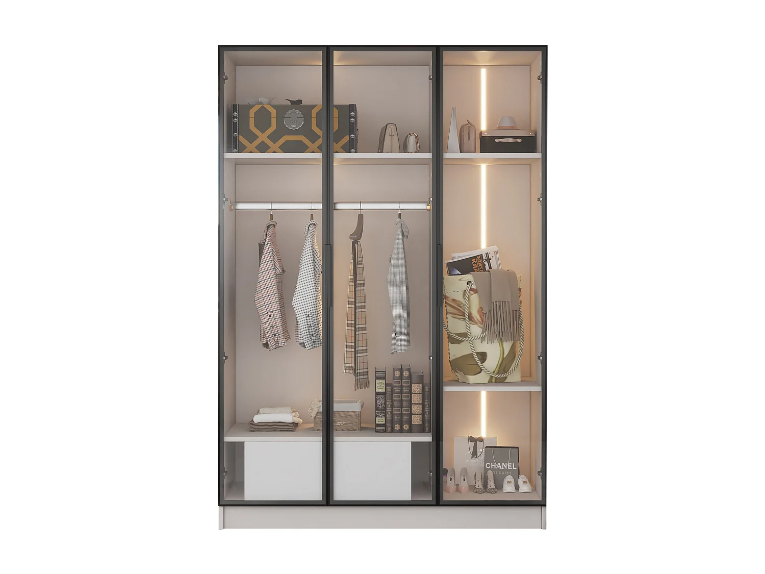 Vitrine H 160 cm avec lumière LED - 3 portes vitrées et 1 tiroir - Blanc