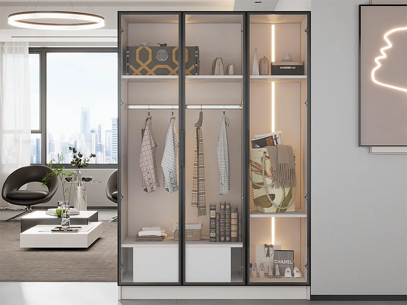 Vitrine H 160 cm avec lumière LED - 3 portes vitrées et 1 tiroir - Blanc