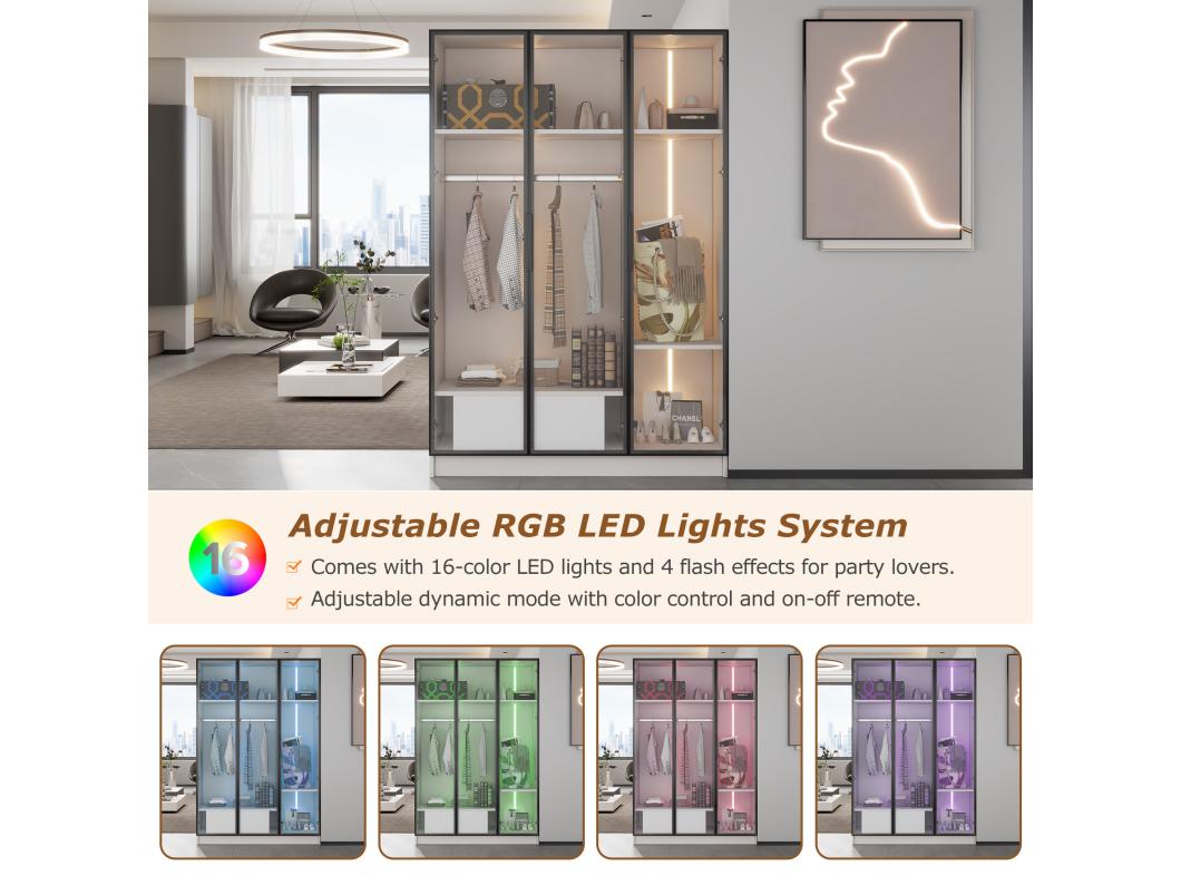 Vitrine H 160 cm met LED-licht - 3 glazen deuren en 1 lade - Wit