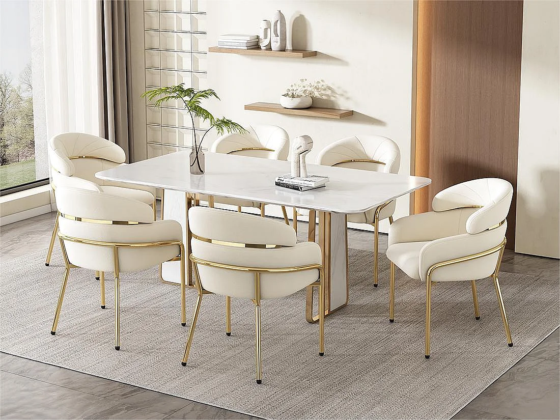 Lot de 6 Chaises longues en velours - avec 4 pieds dorés en métal - Beige