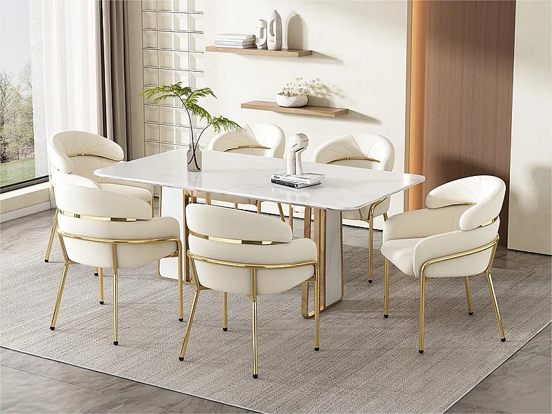 Lot de 6 Chaises longues en velours - avec 4 pieds dorés en métal - Beige