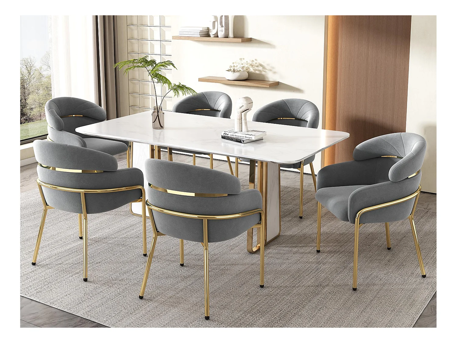 Lot de 6 Chaises longues en velours - avec 4 pieds dorés en métal - Gris
