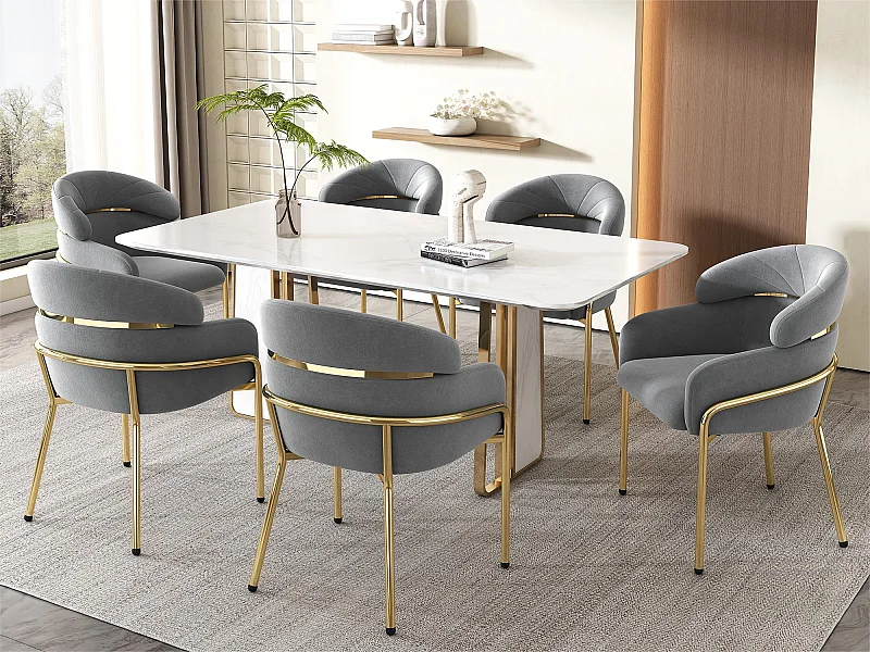 Set aus 6 Samtsesseln – mit 4 goldenen Metallbeinen – Grau