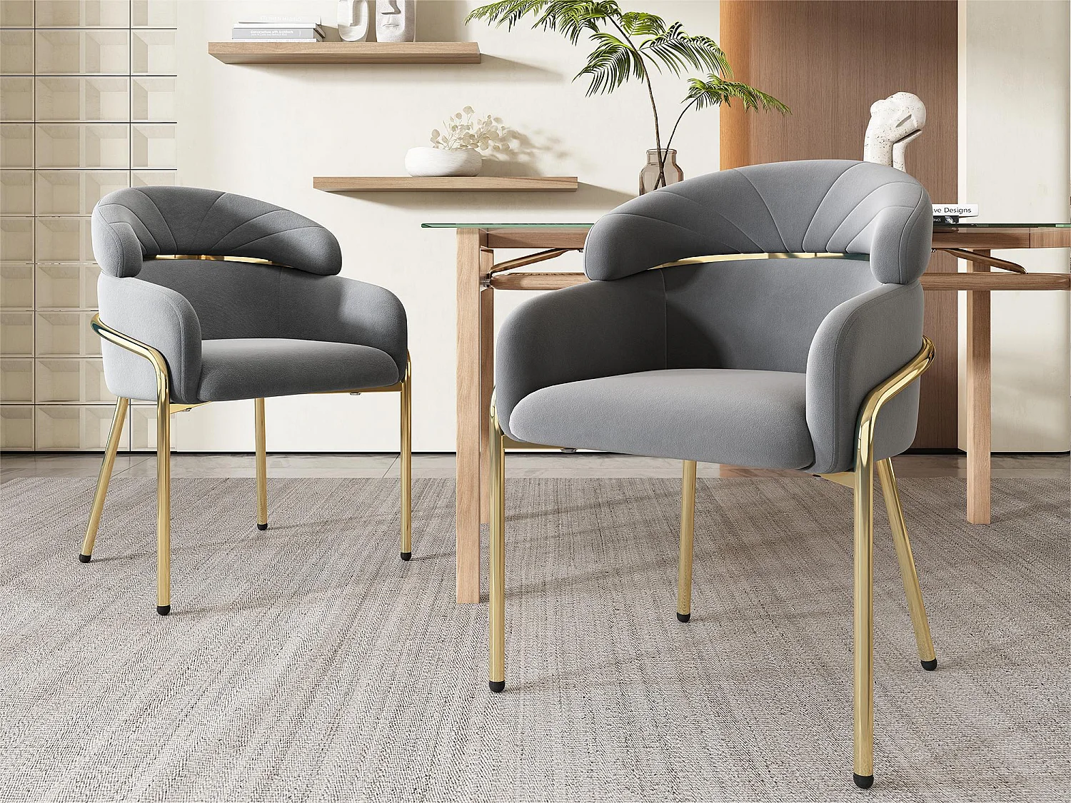 Juego de 2 sillones de terciopelo - con 4 patas de metal dorado - Gris