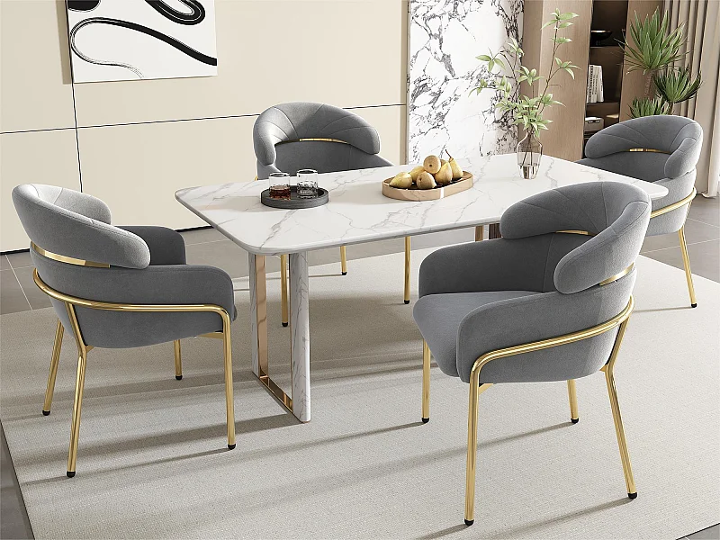 Juego de 4 sillones de terciopelo - con 4 patas de metal dorado - Gris