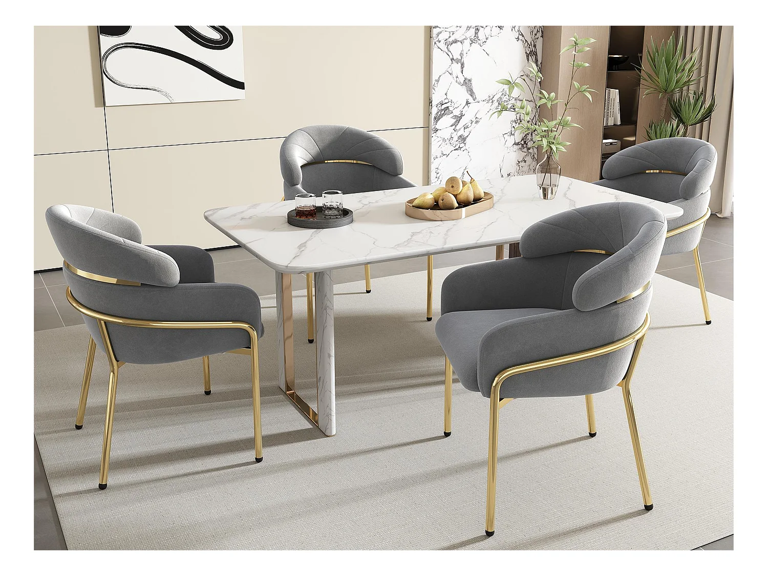 Lot de 4 Chaises longues en velours - avec 4 pieds dorés en métal - Gris