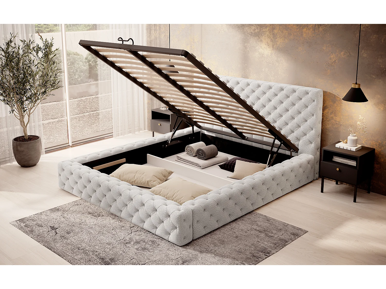 Bett King M (160x200)/Stoffbezug/inklusive Matratze/Weiss