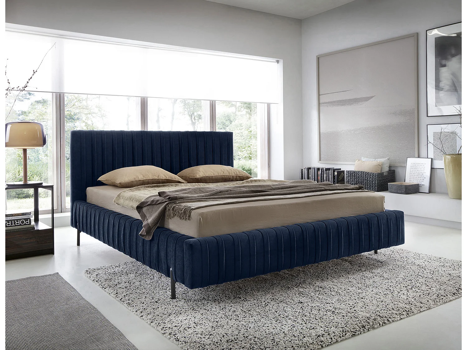 Lit coffre Plika prestige – Design et tissu pour un confort absolu-Couleur Bleu marine-180x200