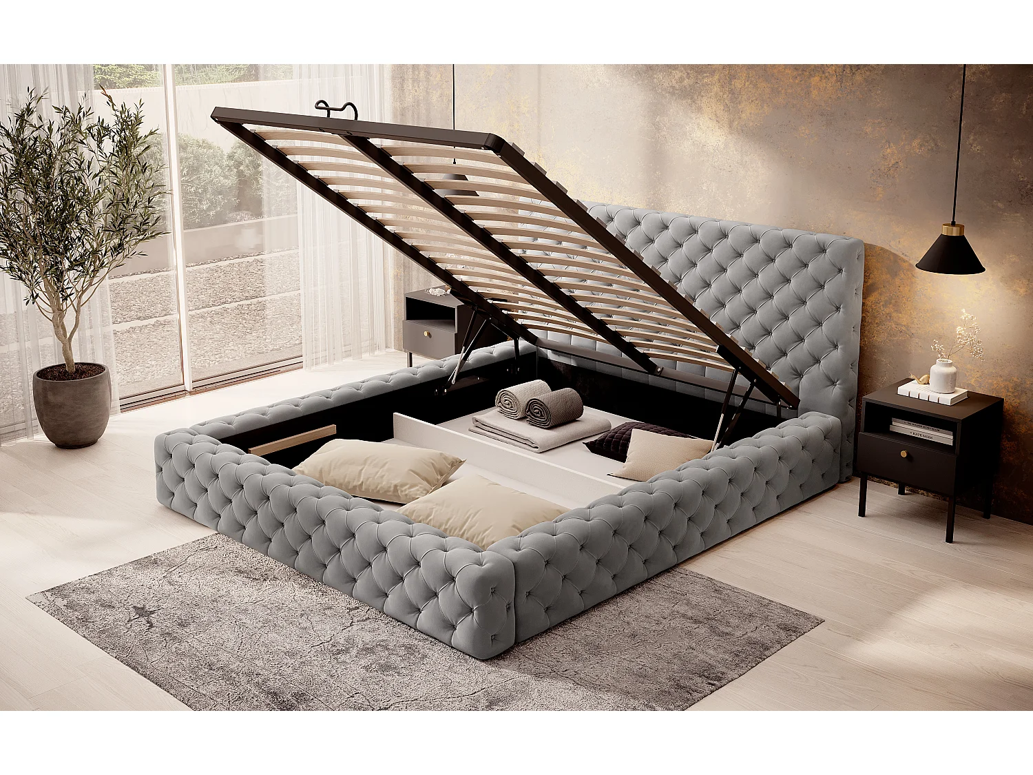 Lit King M (160x200)/Tissu/inclut Matelas/Gris