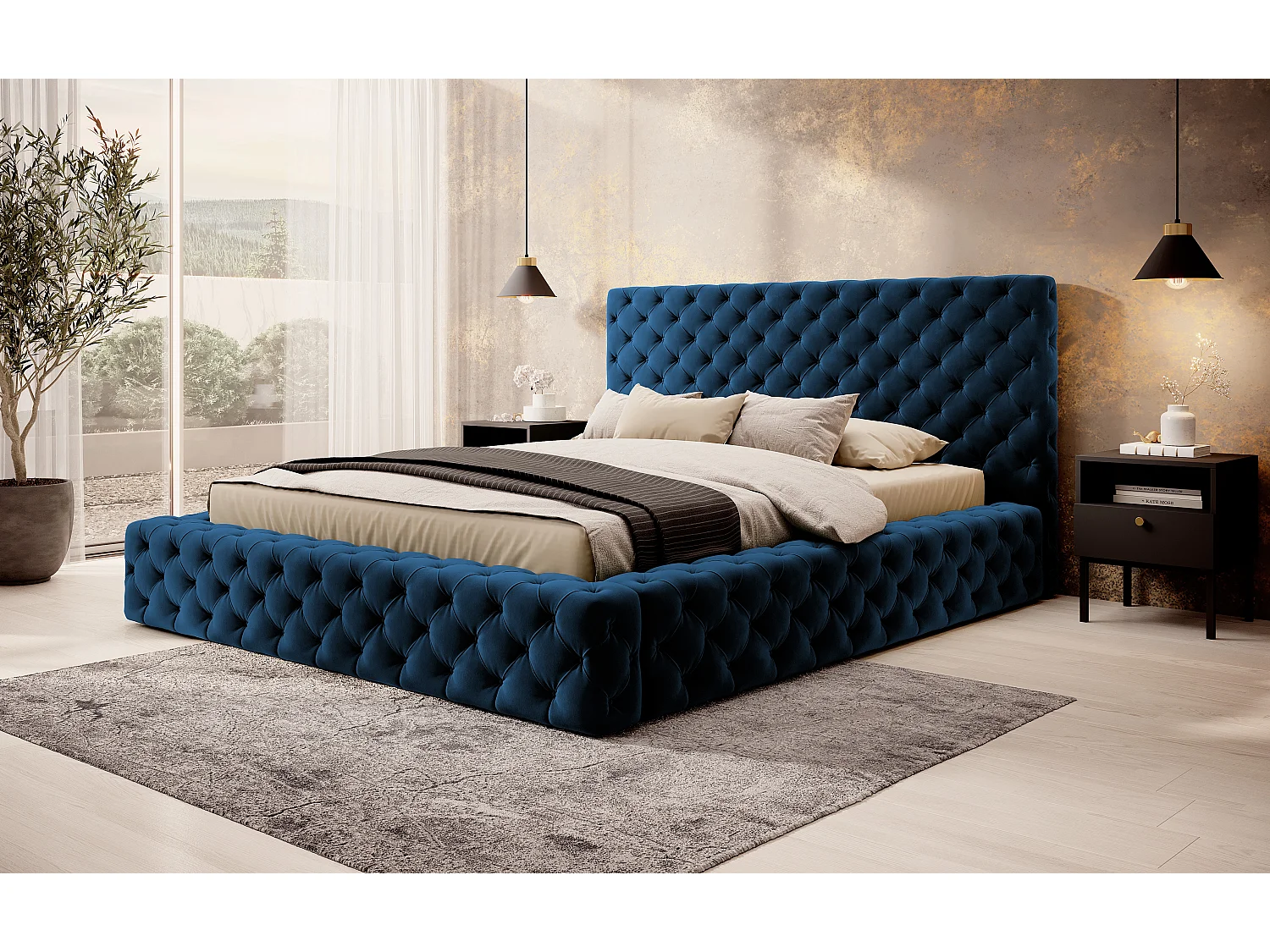 Lit King M (160x200)/Tissu/inclut Matelas/Bleu