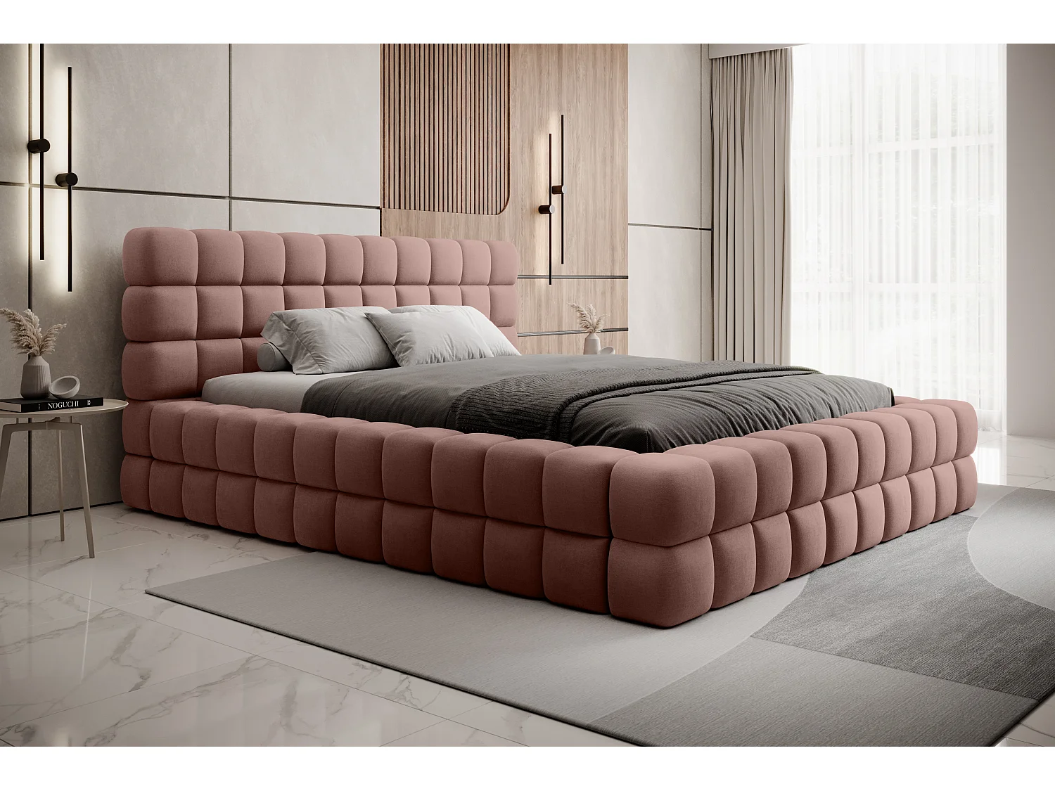 Bed met Kaizer prestige opbergbox – Gewatteerde stoffen bekleding-Kleur Lichtroze-Slapen 140x200cm