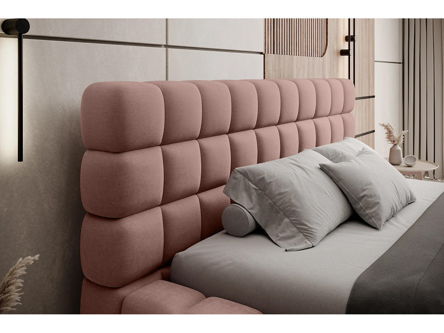 Bed met Kaizer prestige opbergbox – Gewatteerde stoffen bekleding-Kleur Lichtroze-Slapen 140x200cm