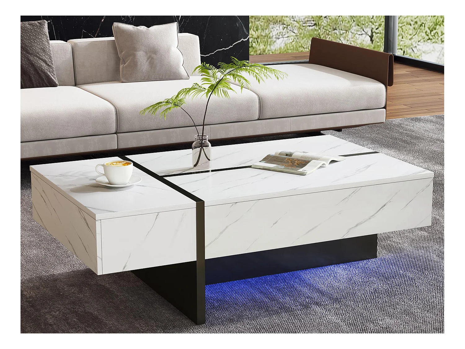 Table basse avec LED - placage à motif de marbre - Blanc