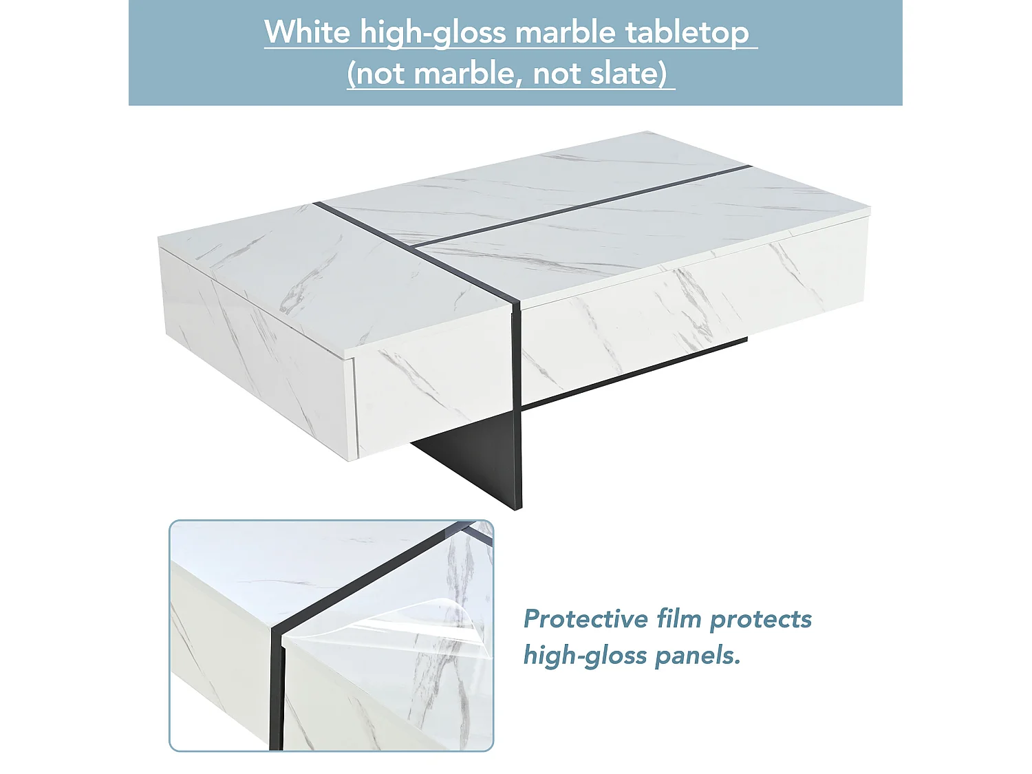 Table basse avec LED - placage à motif de marbre - Blanc