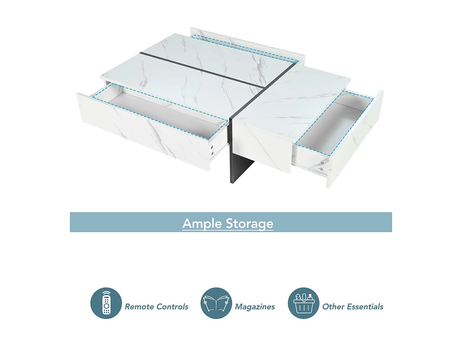 Table basse avec LED - placage à motif de marbre - Blanc