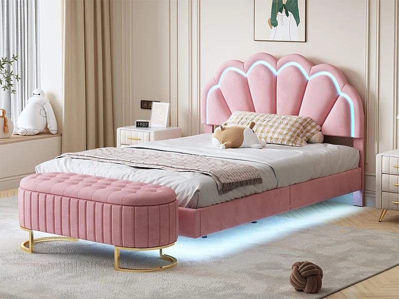Lit rembourré en velours avec LED - 140x200cm - avec un banc de rangement - Rose
