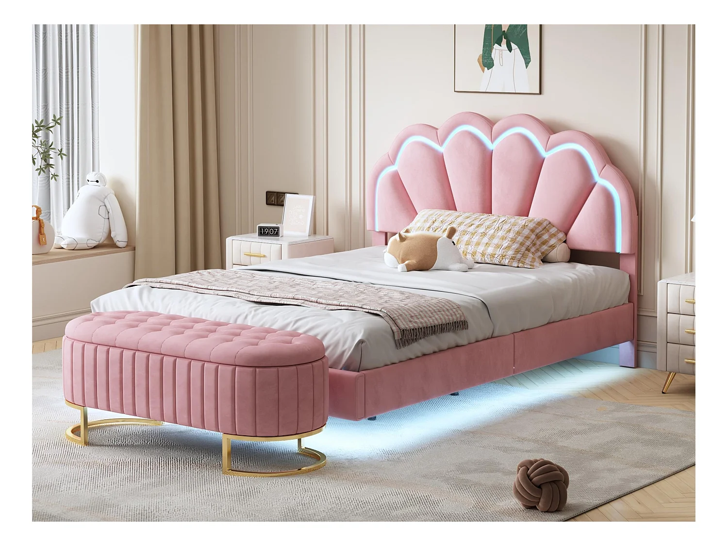 Lit rembourré en velours avec LED - 140x200cm - avec un banc de rangement - Rose