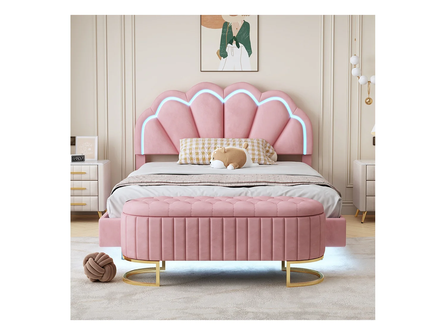 Lit rembourré en velours avec LED - 140x200cm - avec un banc de rangement - Rose