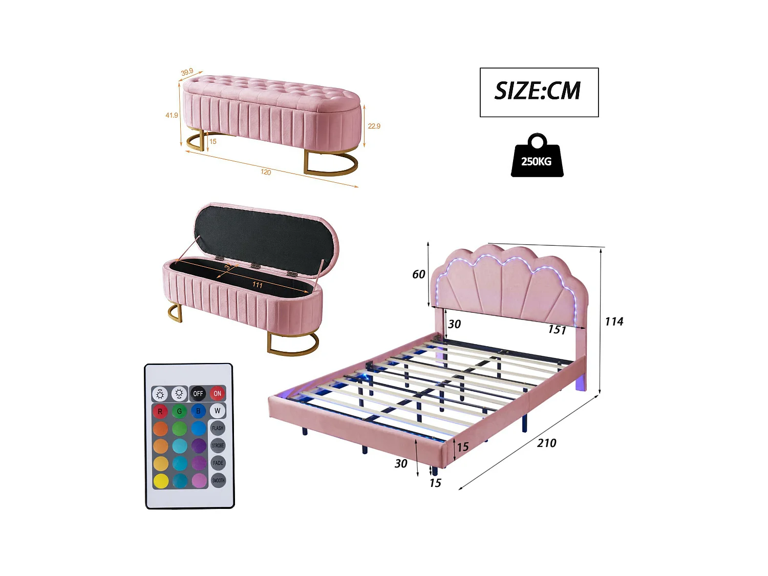 Lit rembourré en velours avec LED - 140x200cm - avec un banc de rangement - Rose