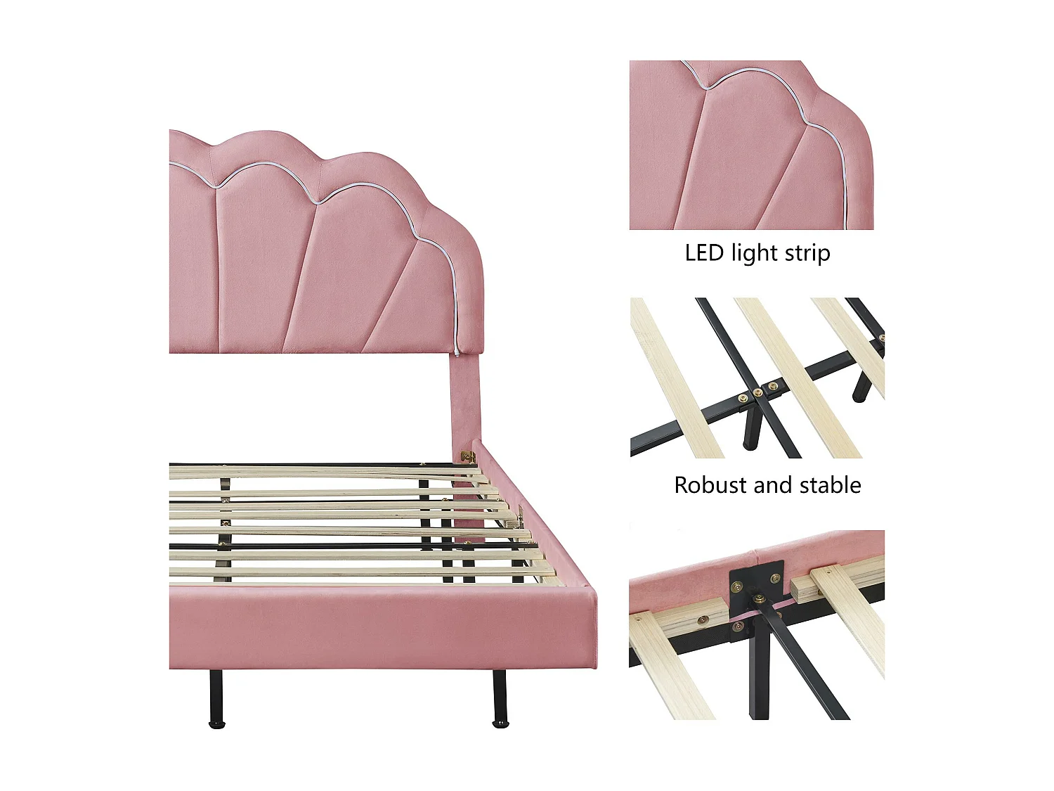 Lit rembourré en velours avec LED - 140x200cm - avec un banc de rangement - Rose